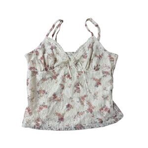 Pink Rose Floral Lace Cami Top White & Pink Flowers Y2K Vintage Style Tank